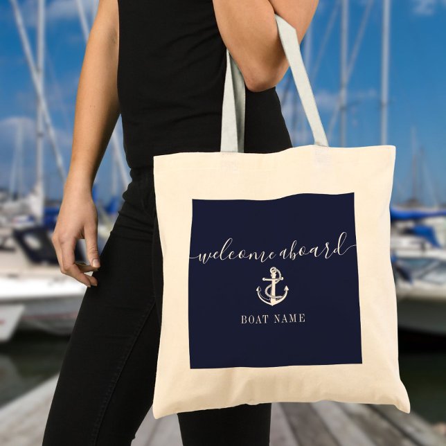 Nautic Anchor Name Navy Blue Willkommen an Bord Tragetasche (Nautical Anchor Boat Name Navy Blue Welcome Aboard Tote Bag)