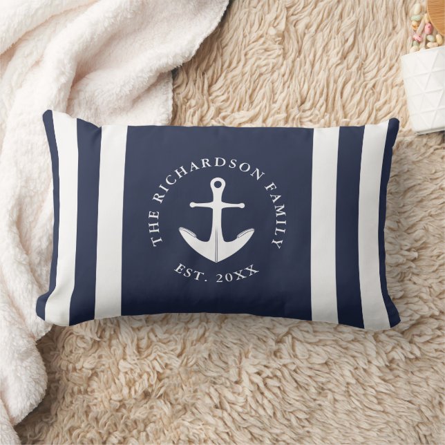 Nautic Anchor Navy Blue and White Family Lendenkissen (Decke)
