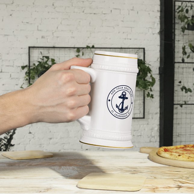 Nautic Anchor Navy Blue Boat Name Custom Bierglas (Nautical Anchor Navy Blue Boating Beer Stein)