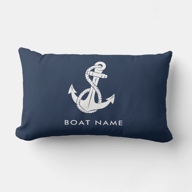 Nautic Anchor Navy Blue Boat Name Custom Kissen Für Draußen (Vorderseite)