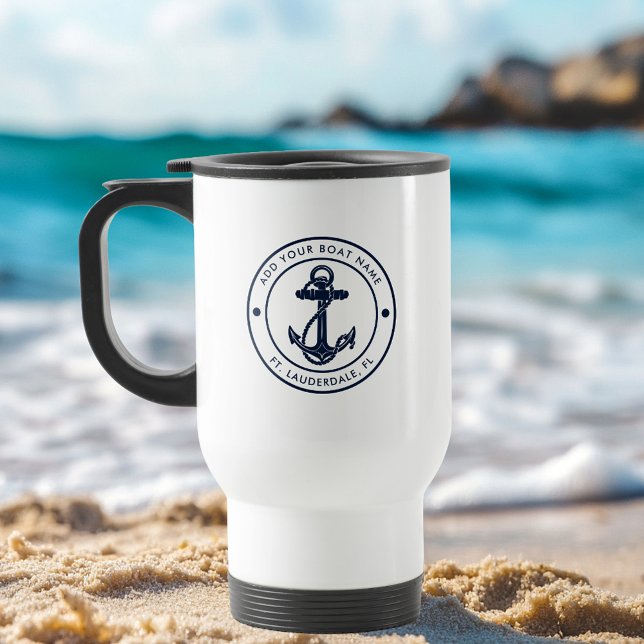 Nautic Anchor Navy Blue Boat Name Custom Reisebecher (Nautical Anchor Navy Blue Boat Name Custom Travel Mug)