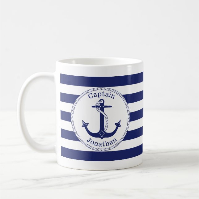 Nautic Anchor Navy Blue Captain Personalisiert Kaffeetasse (Links)