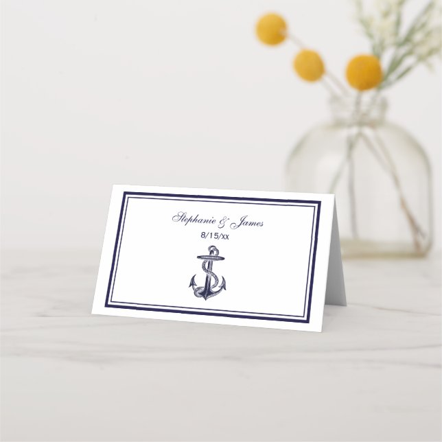 Nautic Anchor Navy Blue Gerahmt 2 Escort Card Platzkarte (Vorderseite)