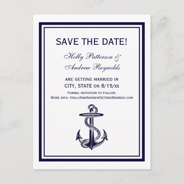 Nautic Anchor Navy Blue Gerahmt 2V Save the Date Ankündigungspostkarte (Vorderseite)