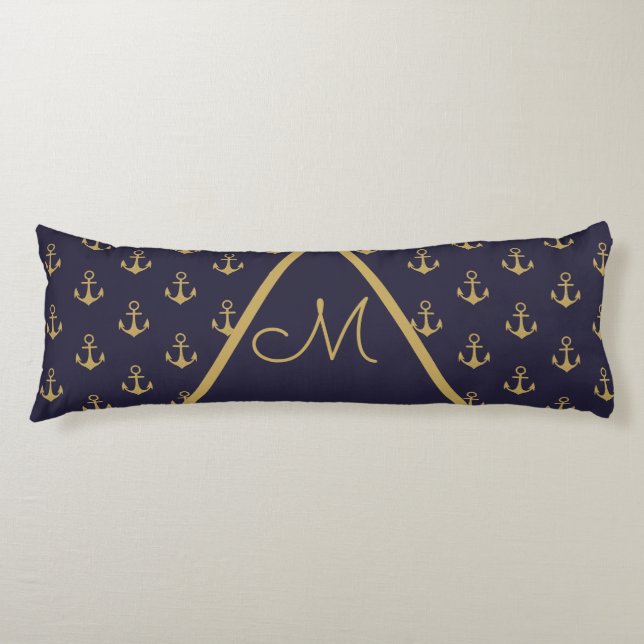 Nautic Anchor Navy Blue Gold Monogram Seitenschläferkissen (Vorderseite)