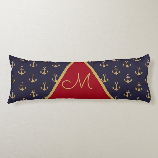 Nautic Anchor Navy Blue Gold Red Monogram Seitenschläferkissen (Vorderseite)