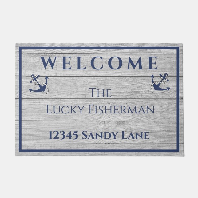 Nautic Anchor Navy Blue Gray Wood Boat | ZUHAUSE Fußmatte (Vorderseite)