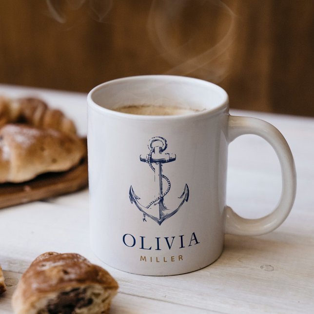 Nautic Anchor Navy Blue Monogram Kaffeetasse (This mug is perfect for ocean lovers. It features an anchor and allows you to personalize it)
