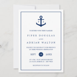 Nautic Anchor Navy Blue Monogram Wedding Einladung