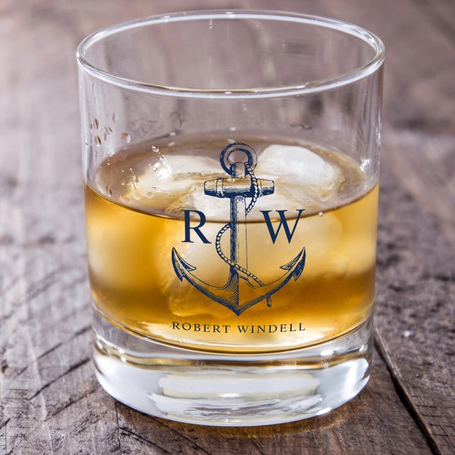 Nautic Anchor Navy Blue Monogram Whiskyglas (Von Creator hochgeladen)
