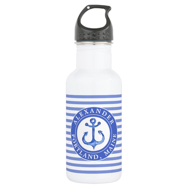 Nautic Anchor Navy Blue Personalisiert  Edelstahlflasche (Vorderseite)