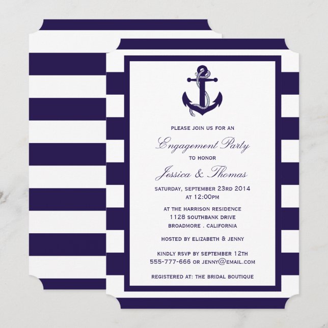 Nautic Anchor Navy Blue Stripe Engagement Party Einladung (Vorne/Hinten)