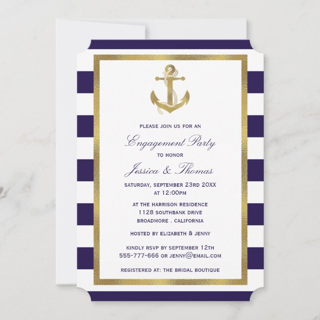 Nautic Anchor Navy Blue Stripe Engagement Party Einladung (Vorderseite)