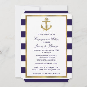 Nautic Anchor Navy Blue Stripe Engagement Party Einladung
