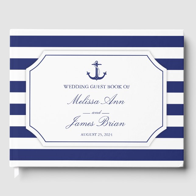 Nautic Anchor Navy Blue Stripe Hochzeit Gästebuch (Vorderseite)