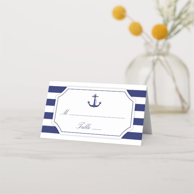Nautic Anchor Navy Blue Stripe Hochzeit Platzkarte (Vorderseite)