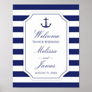 Nautic Anchor Navy Blue Stripe Hochzeit Poster