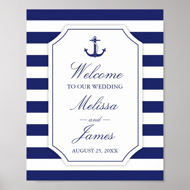 Nautic Anchor Navy Blue Stripe Hochzeit Poster (Vorne)