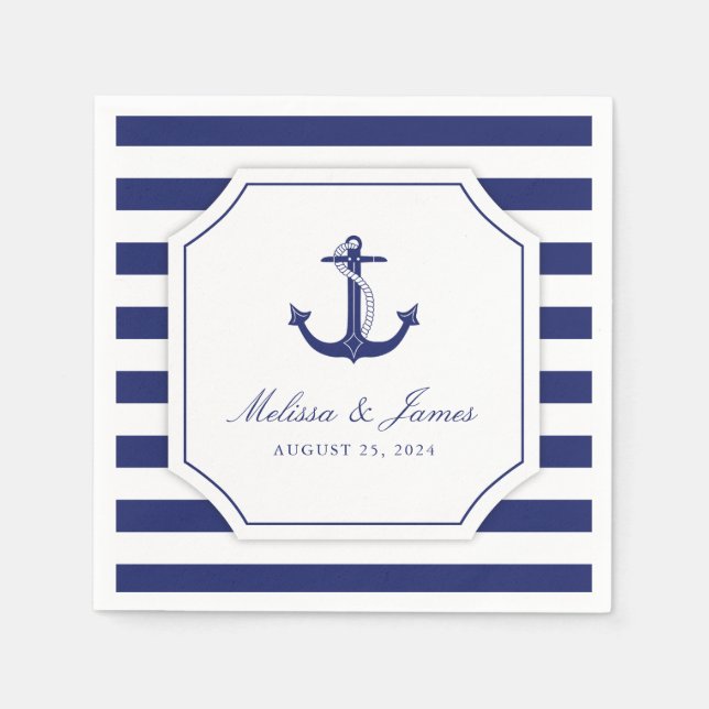Nautic Anchor Navy Blue Stripe Hochzeit Serviette (Vorderseite)