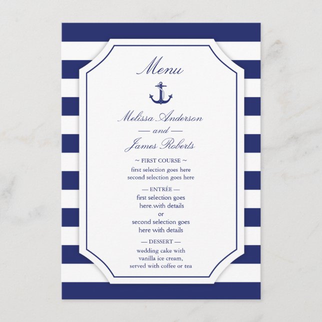 Nautic Anchor Navy Blue Stripe Wedding Menu Menükarte (Vorderseite)