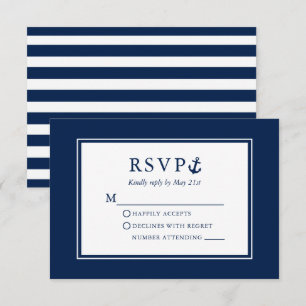 Nautic Anchor Navy Blue Striped Wedding RSVP Karte