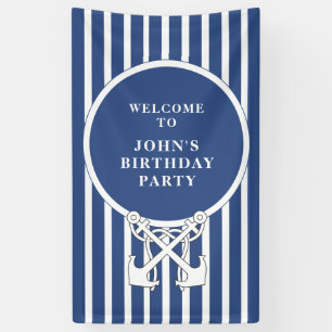 Nautic Anchor Navy Blue Stripes Birthday Banner