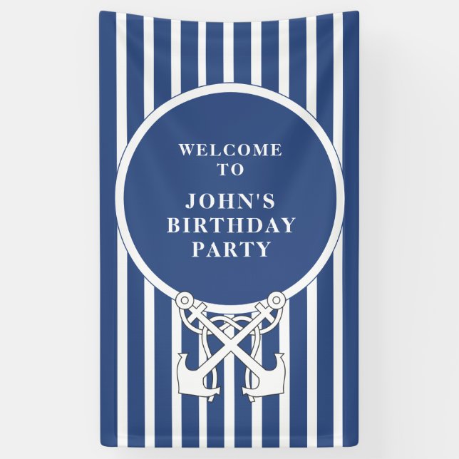 Nautic Anchor Navy Blue Stripes Birthday Banner (Vertikal)