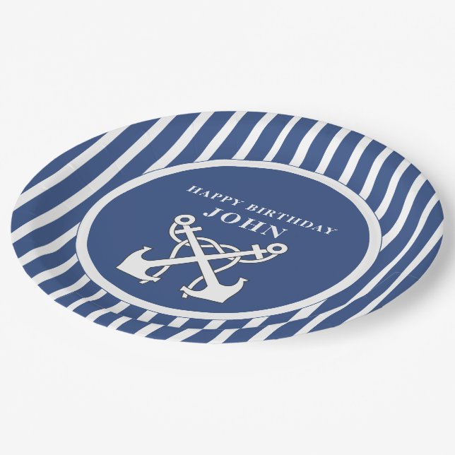 Nautic Anchor Navy Blue Stripes Birthday Invita Pappteller (Schrägansicht)