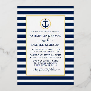 Nautic Anchor Navy Blue Stripes Wedding Gold Folieneinladung