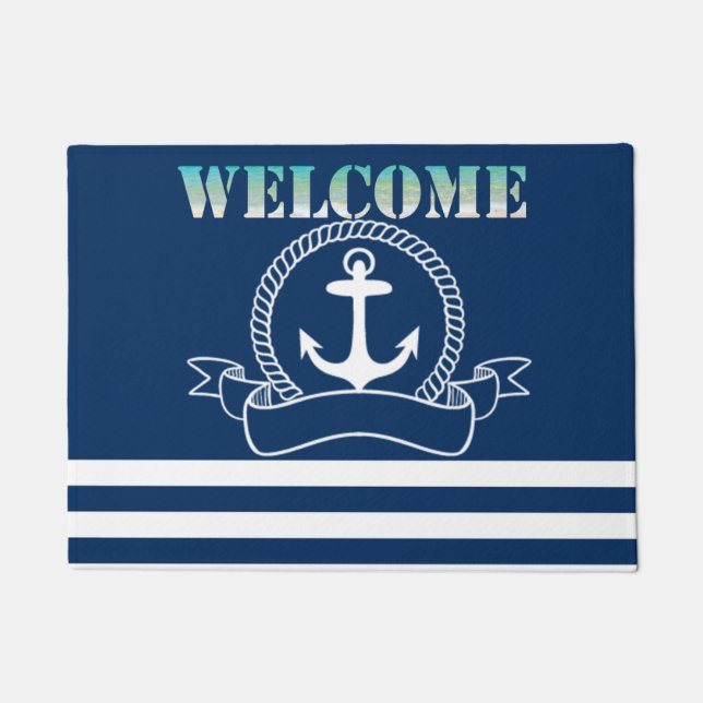 Nautic Anchor Navy Blue Striping Fußmatte (Vorderseite)