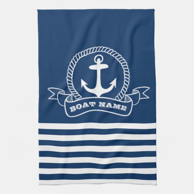 Nautic Anchor Navy Blue Striping Geschirrtuch (Vertikal)