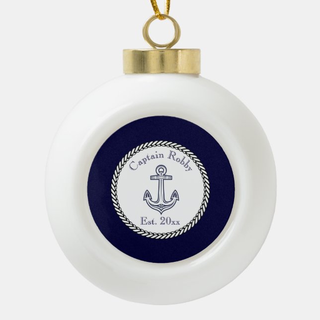 Nautic Anchor Navy Blue und White Keramik Kugel-Ornament (Vorderseite)