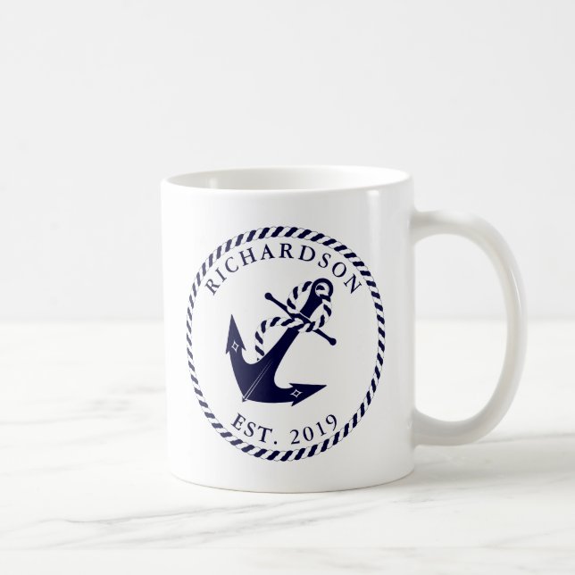 Nautic Anchor Navy Blue und White Personalisiert Kaffeetasse (Rechts)