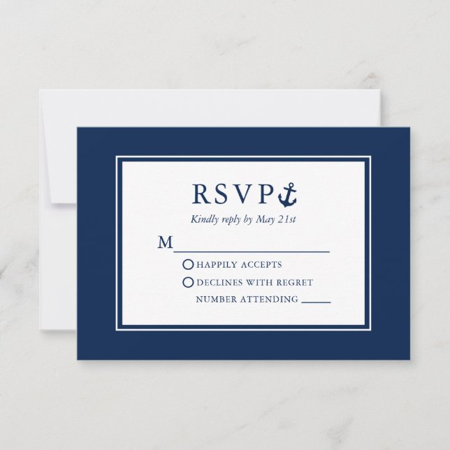 Nautic Anchor Navy Blue Wedding RSVP Karte (Vorderseite)