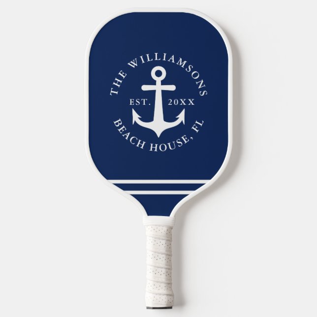 Nautic Anchor Navy Blue White Beach House Pickleball Schläger (Vorderseite)