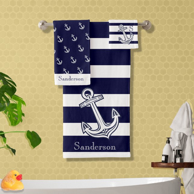Nautic Anchor Navy Blue White Streifen Bath to Badhandtuch Set (Von Creator hochgeladen)
