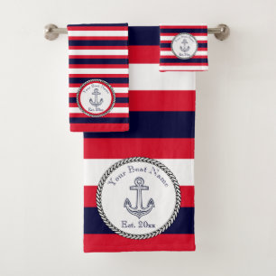 Nautic Anchor Navy Blue White Stripes Bath Badhandtuch Set
