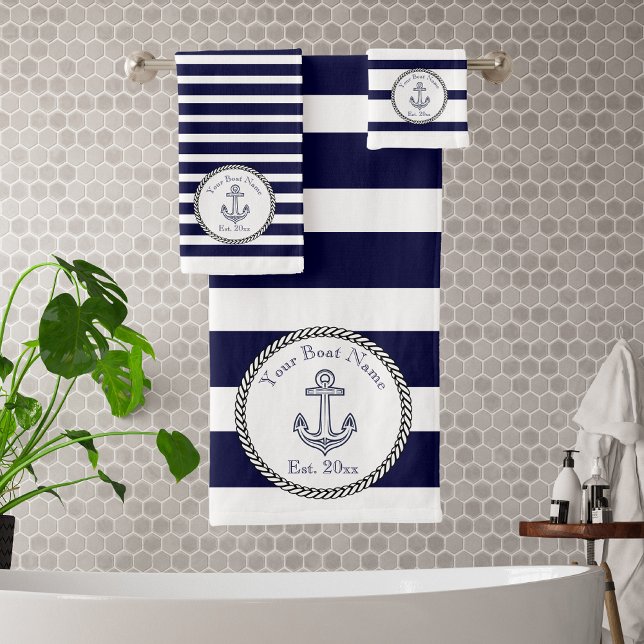 Nautic Anchor Navy Blue White Stripes Bath Bat Badhandtuch Set (Von Creator hochgeladen)