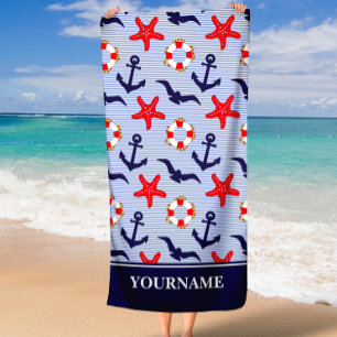Nautic Anchor Navy Blue White Stripes Strandtuch