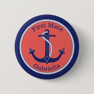 Nautic Anchor Navy Coral First Mate Personalisiert Button
