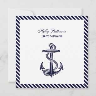 Nautic Anchor Navy Diag Stripe 2SQ Kinderdusche Einladung