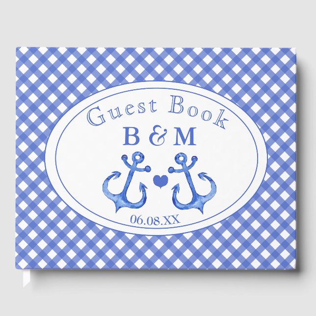 Nautic Anchor | Navy Gingham Monogram Guestbook Gästebuch (Vorderseite)