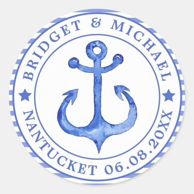 Nautic Anchor - Navy Strip Wedding Stickers (Vorderseite)