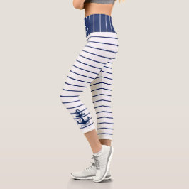 Nautic Anchor Navy White Stripes Muster Capri Leggings