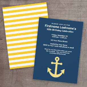 Nautic Anchor Navy Yellow Birthday Party Einladung