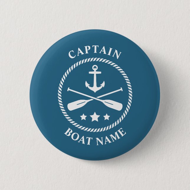 Nautic Anchor Oars Captain Boat Name Blue Button (Vorderseite)