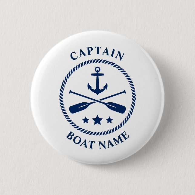 Nautic Anchor Oars Captain Boat Name Navy Blue Button (Vorderseite)