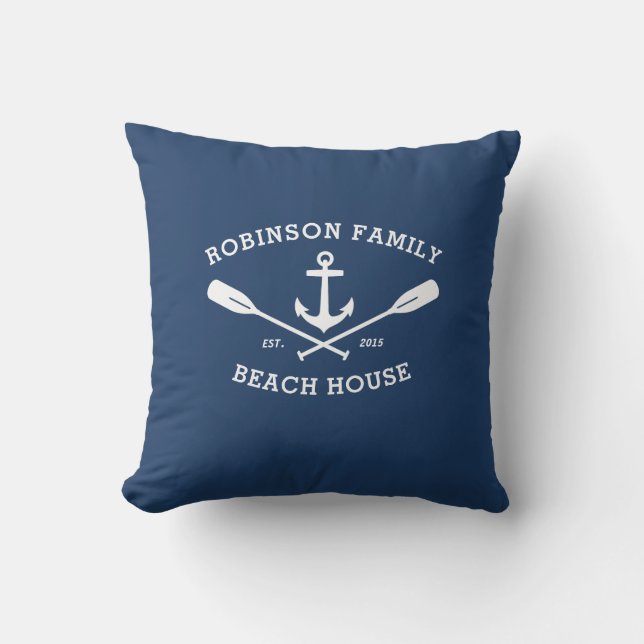 Nautic Anchor Oars Familienname Beach House Kissen (Vorderseite)