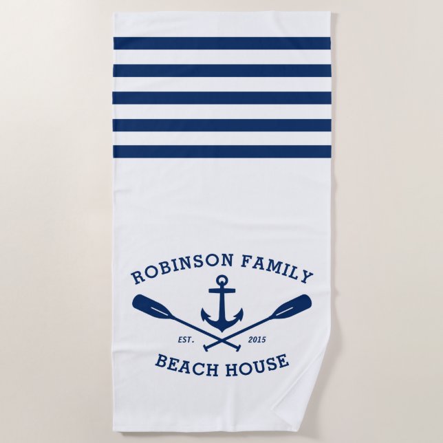 Nautic Anchor Oars Familienname Beach House Weiß Strandtuch (Vorderseite)