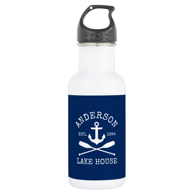 Nautic Anchor Oars Family Lake House Navy Blue Edelstahlflasche (Vorderseite)